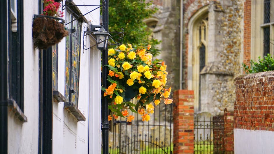 A vibrant hanging floral display attached to a black wrought iron bracket on the exterior wall of a white building, featuring a dense arrangement of bright yellow and orange begonias with lush green f
