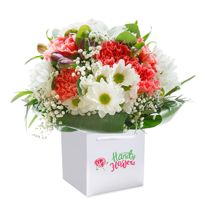 Bright and inviting, this lavish bouquet is displayed upright in a modern white square gift bag, photographed to highlight every nuanced detail. Within the arrangement, layers of coral-pink and vibrant red carnations bloom with ruffled, generously petalled heads, their interplay of colours creating remarkable depth - much like the shifting hues seen on a walk through the gardens off Coppetts Road. Shining white daisies with striking lime-green centers are scattered throughout, their presence brightening the mood and offering a zesty contrast. Baby's breath, light as morning mist, weaves between the primary blooms, introducing a gentle, ethereal texture. A trail of purple-tipped buds meanders through the left side of the bouquet, lending subtle mystery and intrigue. At the base, a collar of lush, broad dark green leaves provides support, fanning out to cradle the entire display for sturdy transport or an elegant table centrepiece. The immaculate white gift bag, finished with looped ribbon handles, ensures that both gifting and delivery feel special for celebrations across Colney Hatch and nearby New Southgate. The entire composition is set against a brilliant white background, letting every colour and detail stand out - a testament to the artful eye of your local florist and perfect for marking milestones from anniversaries to Mother's Day enquiries.