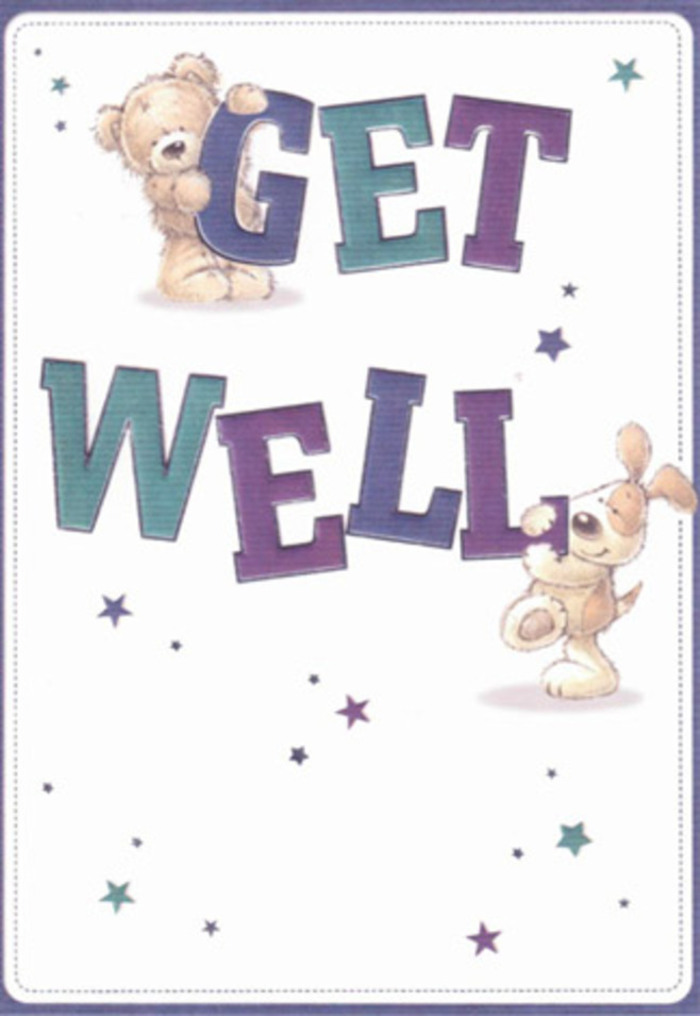 This illustrated get well card is a visual embrace, glowing with the sense of encouragement found in Colney Hatch's friendly streets. At the forefront, a bear with plush fur and a floppy-eared pup exude gentle confidence; their playful energy dances through the arrangement, inviting a smile. The typography is bold and joyous, shaded in rich purples and aquatic tones, grounded against a pure, luminous background that recalls the tranquil skies over local gardens. Scattered blue and violet stars playfully flutter around the duo, each a whisper of well-wishing-much like petals drifting in the breeze outside homes near Friern Barnet. The tactile softness of the bear and the inviting velvet of the puppy's ears create an almost tangible comfort, reminiscent of running fingers along the petals of a well-crafted bouquet. This card's spirit of innocence and warmth echoes the thoughtful gestures Colney Hatch neighbours share, making it a beautiful accompaniment to a hand-delivered bunch of fresh flowers and a heartfelt get well message.
