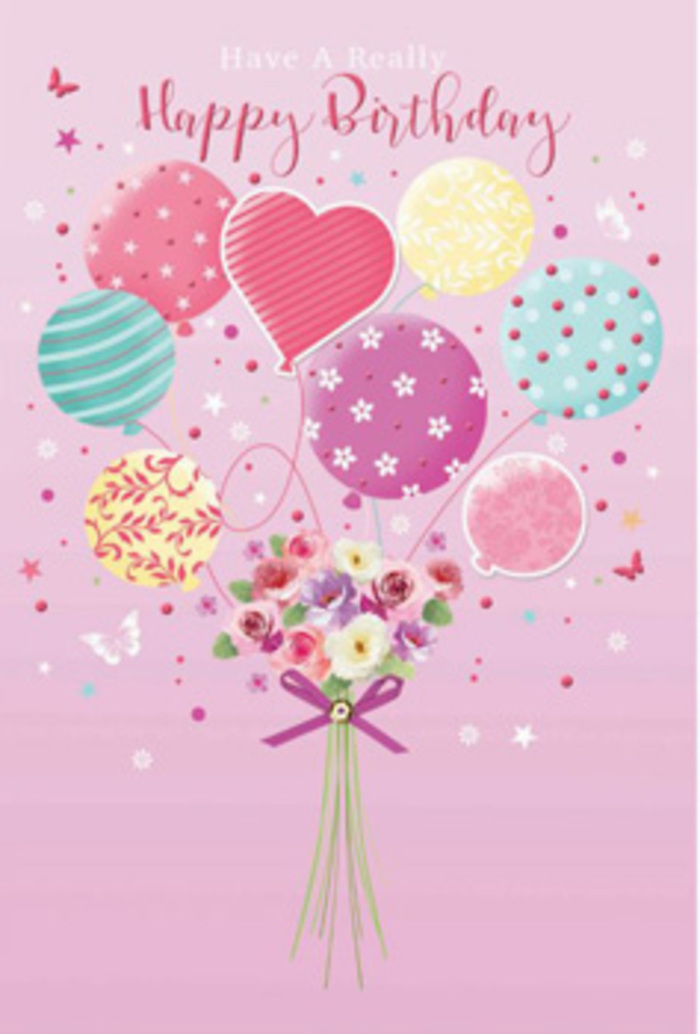 An enchanting birthday scene is illustrated as a floating bouquet of balloons and flowers, captured with the kind of attention to detail you might expect from a dedicated Colney Hatch florist. A soft, rosy pink background forms the canvas, reminiscent of the sky just before sunset over the tree-lined paths near Colney Hatch Park. Against this gentle wash of colour, balloons in pastel shades of pale sunshine yellow, sea-glass green, and delicate lavender gather into a buoyant cluster. Each balloon is embellished with its own lively pattern-twisting candy-coloured stripes, dancing polka dots, and faint floral curls-so that no two shapes look quite the same, yet they blend into a harmonious celebration. Suspended below is a dainty garden-style bouquet, as if the flowers themselves are being lifted into the air by the balloons above. Petite roses and soft, daisy-like blooms come together in creamy ivory, blush rose, and whispery mauve, with petals shaded as though brushed by morning light. Their textures feel almost touchable, from velvety rose petals to the lightly fringed edges of the smaller blossoms. Slim stems gather at the base, wrapped in a shimmering violet satin bow that reflects little glints of imagined daylight. Around the arrangement flutter tiny butterflies and scattered star motifs, adding to the sense that the moment is somewhere between a daydream and a cheerful birthday party. The overall mood is tender jubilation-a quiet yet unmistakable joy, the same feeling that comes from surprising someone in Colney Hatch with a birthday delivery that shows how deeply they are cherished.