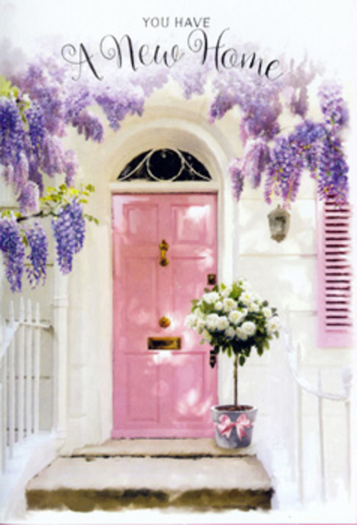 A front step in Colney Hatch is transformed into a romantic, storybook entrance, the kind of scene you might notice while strolling back from the local shops and pause to admire. The door itself is painted a soft, comforting pink, its surface smooth and subtly reflective where the afternoon light brushes across the panels. Surrounding it, the wall is washed in a gentle off-white tone, slightly textured, giving a rustic charm that contrasts elegantly with the neat lines of the door. High above, wisteria tumbles down in long, scented tresses of lavender and lilac, some clusters fuller, some more delicate and airy, all gathering to frame the doorway with natural grace. A single shutter to one side, finished in a slightly lighter pink, mirrors the doorway's hue and adds balance to the composition, as if the whole façade has been thoughtfully painted to echo the flowers. On the step sits a metal bucket in a muted grey, filled generously with creamy white roses arranged to look both abundant and effortless. The roses are open and velvety, cupped by fresh leafy stems in varying shades of green that give depth and movement to the bouquet. Around the base of the bucket, a pink ribbon is tied into a soft bow, the ends draping gently, adding a final note of romance. The light is calm and golden, hinting at early evening in Colney Hatch, lending this little corner of a home a feeling of peace. It suggests the quiet happiness of moving in, perhaps after a same-day flower delivery to welcome someone to their new address, where every flower and painted surface whispers, you belong here now.