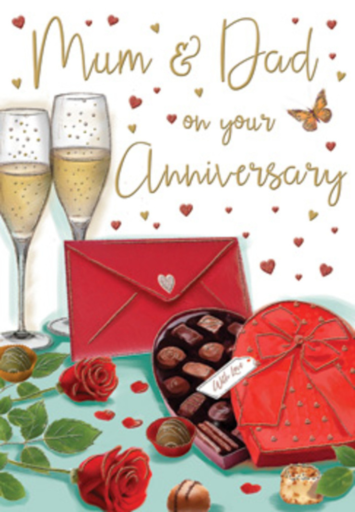 The illustrated anniversary card unfolds like a cosy evening scene, designed to honour a long-lasting love story in Colney Hatch. At the heart of the design, two deep red roses lie gracefully across the foreground, their petals plump and softly shaded, capturing that just-opened look a florist treasures when preparing an anniversary bouquet. Their rich crimson tones are offset by a fringe of lush green leaves, adding freshness and depth. Next to the roses, a heart-shaped box of chocolates takes pride of place, its bold red lid and oversized bow elegantly tied in loops and tails that spill over the edge, suggesting a gift chosen with care rather than haste. The box is open, revealing neatly arranged chocolates with glossy surfaces, while a couple of pieces are scattered nearby, adding a playful, lived-in touch. Behind this, two champagne flutes stand together like a couple, each filled with sparkling, golden champagne, the bubbles rising in delicate streams that catch the warm light, reminiscent of a candlelit table in a quiet home near Friern Barnet. Around them float tiny gold flecks and red hearts, soft brushstrokes that create a halo of festivity. To one side, a bold red envelope lies ready to be opened, symbolising a heartfelt card for Mum & Dad, full of memories and gratitude. The overall palette of reds, golds, and soft creams, combined with the suggestion of glass, ribbon, and silk textures, creates a scene that feels indulgent yet intimate-like raising a toast to years of shared stories and family moments rooted in Colney Hatch.
