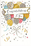 In this detailed image, a congratulations card becomes a little scene of celebration, echoing the kind of thoughtful touches people in Colney Hatch choose when they want something more meaningful than a simple message. At the centre, a bouquet of illustrated balloons rises gently, each one a rounded oval in soft metallic hues of gold, silver, champagne, sky blue, rosy pink, and pale grey. They are layered so that some appear to float slightly in front of others, creating depth, while their surfaces are adorned with glitter-like accents, small shining stars, delicate stripes, and tiny dots that suggest the sparkle of party lights. Slender ribbons trail from the bottom of the bunch, drawn in looping lines of gold and silver that twist together and curl outward like festive streamers caught in the air. Stretching across the balloons, a graceful banner carries the words Congratulations To You in elegant, flowing calligraphy, the script poised and celebratory without feeling overly formal. Around this central focus, the light background is peppered with scattered stars, playful ribbon swirls, and confetti-style shapes in coordinating metallic tones, giving the impression of movement and laughter suspended in time. The atmosphere of the design is bright yet sophisticated, perfectly suited to honour exam success, a new job, a promotion, or any proud achievement celebrated in homes and workplaces around Colney Hatch. Imagined beside a carefully chosen bouquet from a local florist, the card feels tactile and special, as though its shimmering details carry your admiration and joy, wrapping the recipient in a warm, heartfelt sense of you've really done something wonderful.