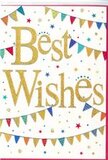 This Best Wishes card radiates a joyful, celebratory spirit, much like the atmosphere of a well-loved Colney Hatch gathering on a bright afternoon. The background is a clean, luminous white, giving the design space to breathe and allowing every colour to stand out clearly. At the centre, the phrase Best Wishes is written in flowing golden calligraphy, with broad, confident strokes that appear slightly raised, catching and reflecting light in a soft glittery sheen. The gold lettering feels both luxurious and approachable, suggesting sincerity and care behind the message. Encircling the words, graceful loops of bunting sweep from side to side, forming gentle arcs that frame the text. Each bunting flag is a small triangle of happiness-rich reds, ocean blues, grassy greens, bright yellows, and soft accent colours-some with delicate polka dots, others with fine stripes or tiny geometric details. These colourful pennants evoke the look of decorations strung between houses on a quiet side street off Colney Hatch Park during a neighbourhood party. Sprinkled across the card are miniature stars and round confetti dots in complementary hues, scattered with a light hand so that they appear to float, adding a dynamic, almost sparkling feel to the scene. The balance of white space, gold script, and festive bunting creates a sense of optimism and shared joy, ideal for congratulating someone on exam success, a new chapter in life, or a personal milestone. It is easy to imagine this card tucked into a fresh bouquet delivered locally, bringing a burst of colour and heartfelt encouragement to a doorstep in or around Colney Hatch.
