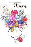 An exuberant floral illustration fills this Mother's Day card with the energy of a fresh, hand-tied bouquet, painted in swirling watercolours that seem to dance across the page like spring breezes moving through gardens around Colney Hatch. At its centre, clusters of lush cerise, fuchsia, and raspberry pink blossoms unfold, their petals suggested with free, sweeping strokes and anchored by deep indigo outlines that lend them a sense of rhythm and definition. Between these vibrant blooms, softer blue and lavender flowers emerge, their colours melting gently into one another, offering a soothing counterpoint to the bolder tones. Subtle apricot and peach washes appear here and there, bringing warmth, while slivers of green and chartreuse hint at leaves and stems supporting the bouquet from within.
Fine gold lines and scattered touches of metallic pigment shimmer along petal edges, at the tips of leaves, and in tiny droplets that hover between flowers, catching the light like early morning sun glancing off dew-covered blossoms. All of the colour gathers into a graceful vase with rounded sides, rendered with transparent washes that imply delicately curved glass or ceramic, finished with an elegant golden bow tied neatly at the neck. Around this central arrangement, small specks, splashes, and soft heart shapes drift outward on the white background, giving the impression of celebratory petals tossed into the air or confetti sprinkled after a family gathering. The composition feels airy yet intentional, balancing joyful spontaneity with quiet devotion. It captures the same emotion as presenting a thoughtfully arranged bouquet to a much-loved mum in Colney Hatch - a moment of gratitude, tenderness, and shared history expressed entirely through colour, texture, and movement.