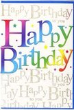 This birthday card radiates the same kind of upbeat energy you get from a lively celebration in Colney Hatch, perhaps after friends have gathered for cake and laughter on a sunny weekend. The front is dominated by the words Happy Birthday, written in big, expressive letters that curve gently across the card. Each character is filled with a different, vivid hue, creating a sweeping rainbow effect that flows effortlessly from bold reds and pinks through velvety purples and ocean blues into fresh greens, zesty yellows, and warm, golden oranges. The gradient is smooth and luminous, like coloured lights blending together over a party table. Behind this main message, a refined backdrop of pale, creamy white is overlaid with repeated lines of Happy Birthday to you in a delicate gold script. The handwriting-style lettering is fine and looping, giving the sense of a favourite refrain murmured again and again, much like a chorus of friends singing in a cosy home just off Colney Hatch Lane. As light moves across the card, the gold ink seems to glimmer gently rather than sparkle harshly, adding a sophisticated shimmer. Scattered around the central phrase are small, bright stars, dots, and sprinkles in coordinating rainbow shades, evoking confetti or tiny bursts of fireworks frozen in mid-air. The finish appears silky to the touch, with a soft sheen that enriches the colours while keeping the overall look elegant. This design captures the essence of a heartfelt birthday greeting-fun, vibrant, and full of good wishes-ideal for celebrating someone special nearby in Colney Hatch.