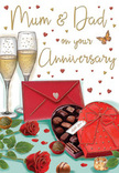 This illustrated anniversary card is composed like a still-life celebration, filled with romantic detail and gentle warmth, perfect for honouring parents in Colney Hatch. In the foreground, two sumptuous red roses rest on the table, their petals densely layered and richly shaded, evoking the feel of freshly cut flowers from a trusted local florist. Nestled beside them is a heart-shaped box of chocolates, its brilliant red casing and generous satin bow instantly eye-catching. The lid is open, revealing uniform rows of assorted chocolates, their rounded tops catching the light, with a few pieces artfully placed outside the box to suggest they are already being enjoyed. Just behind, two elegant champagne flutes filled with pale golden fizz stand almost touching, as though leaning in for a toast, the tiny bubbles rising in delicate streams that give a sense of movement and celebration. Soft golden highlights glint off the glass, while scattered crimson and gold hearts float across the background, adding a jubilant, almost sparkling energy, like lights reflecting in a window along nearby Muswell Hill. Off to one side lies a vivid red envelope, crisply drawn and neatly sealed, hinting at a deeply personal message for Mum & Dad written within. The entire scene is bathed in a soft, warm glow, blending shades of cream, gold, and red to create an atmosphere that feels both indulgent and homely, evoking the clink of glasses, the scent of roses, and the comforting sense of family gathered to celebrate an anniversary in Colney Hatch.